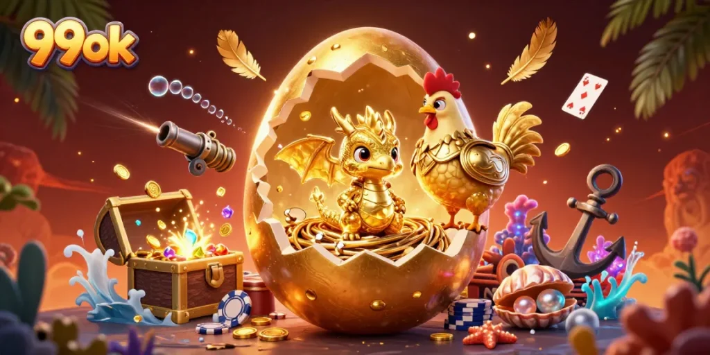Spin the reels with excitement at 99ok, showcasing a golden dragon with poker chips and treasure.