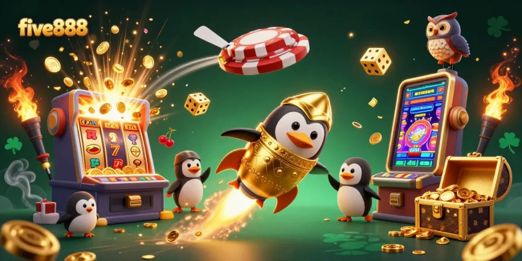 Experience thrilling gameplay with five888 as a golden penguin blasts off to a jackpot-filled casino!