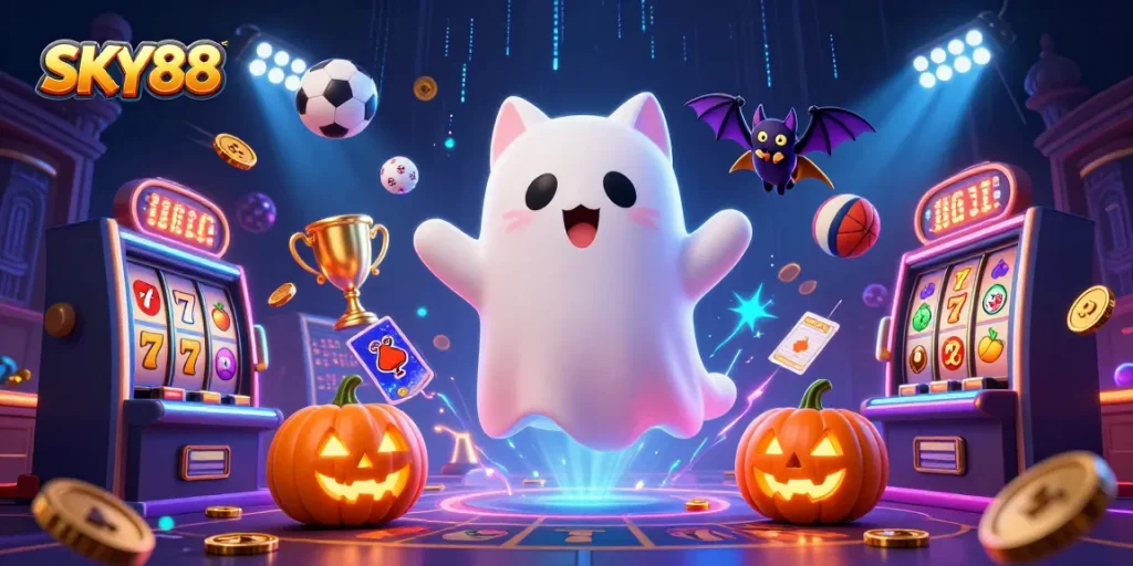 Engage in thrilling gameplay at SKY88 with casino fun, sports betting, and vibrant illustrations.