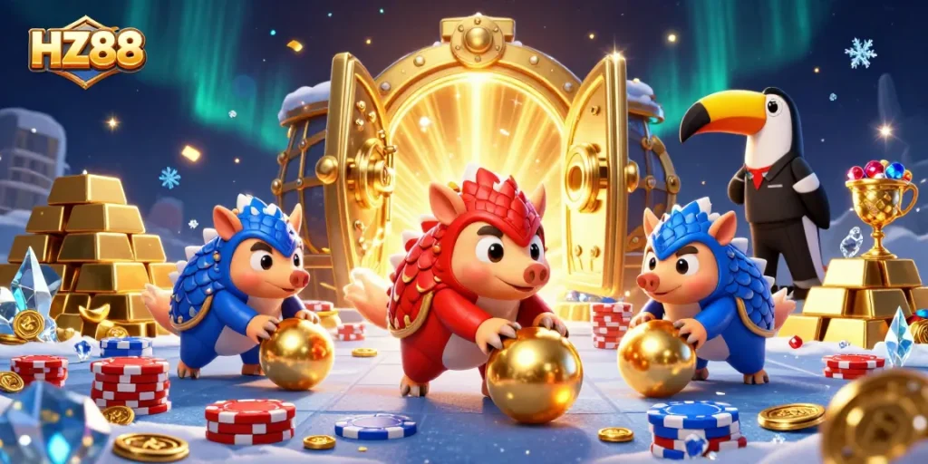 Experience exciting gaming with HZ88 as playful pangolins roll through golden chips.