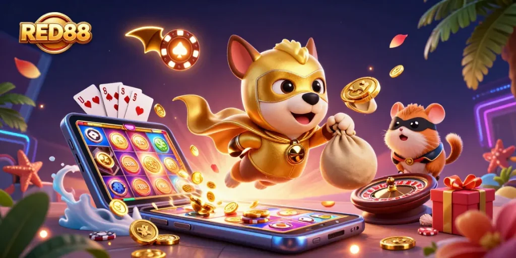 Experience the thrill of RED88 as the superhero dog collects gold while leading a dynamic casino adventure.