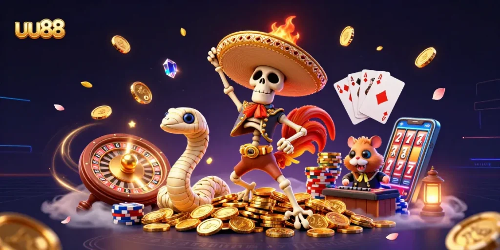 uu88 offers thrilling gaming experiences with a vibrant 3D casino scene featuring dynamic characters and exciting game elements.