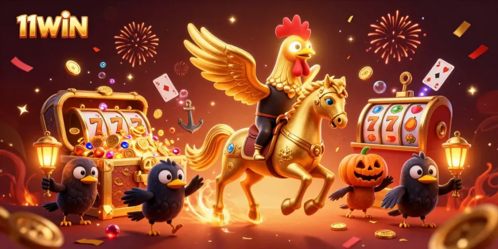 Engage with thrilling 11WIN casino experiences featuring a golden rooster and animated gaming elements.