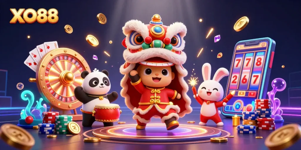 Experience excitement with XO88 in a vibrant 3D gambling scene filled with action.