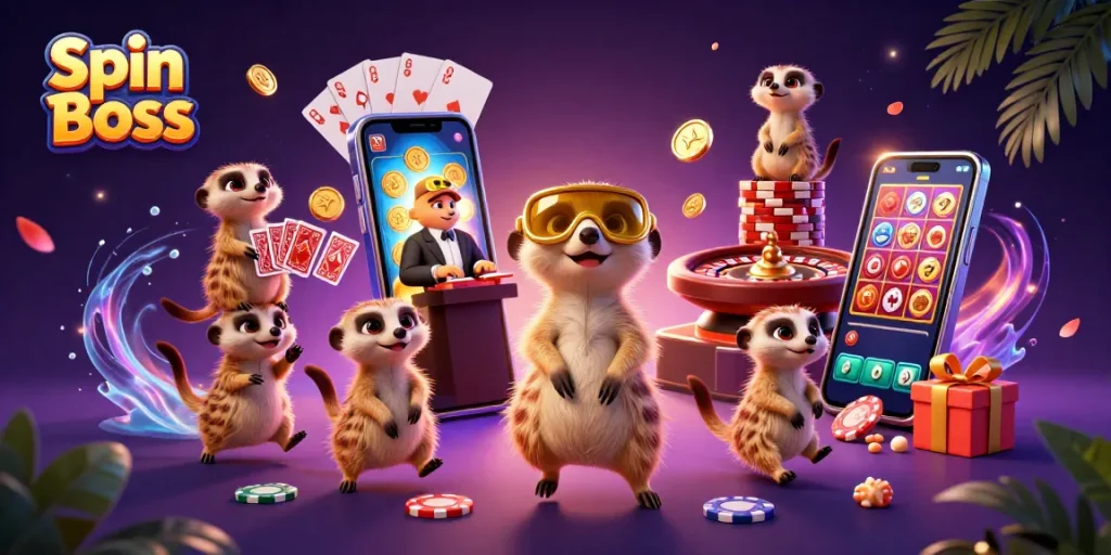 Engage in casino gaming fun at Spin Boss with meerkat dealers and slot games in vibrant illustration.