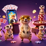 Engage in casino gaming fun at Spin Boss with meerkat dealers and slot games in vibrant illustration.