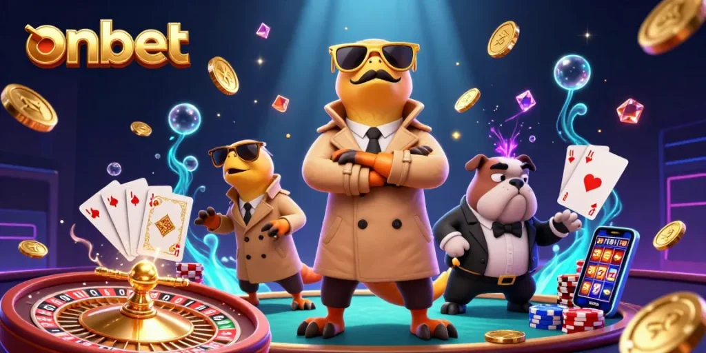 Players enjoy onbet in a vibrant casino scene with exciting game elements and raptor characters.