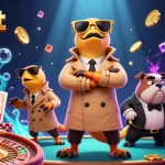 Players enjoy onbet in a vibrant casino scene with exciting game elements and raptor characters.