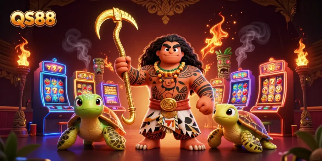 Experience gambling excitement with QS88 featuring a Polynesian hawk demigod amidst vibrant slot machines.