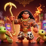 Experience gambling excitement with QS88 featuring a Polynesian hawk demigod amidst vibrant slot machines.