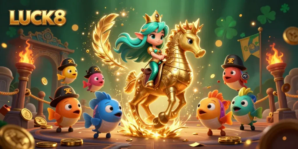 Join the excitement at LUCK8 with vibrant 3D animated casino creatures celebrating wins.