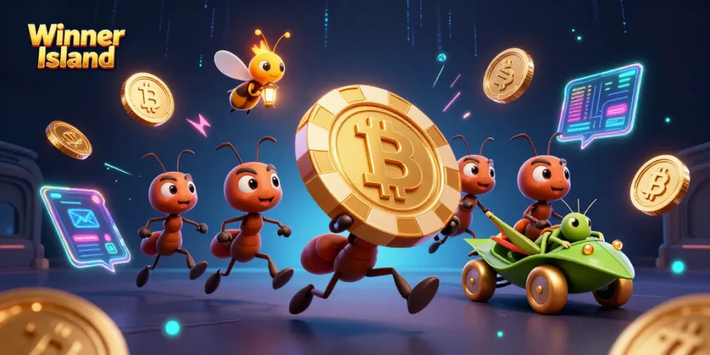 Engage in thrilling gameplay at Winner Island Casino with vibrant crypto elements and animated characters.