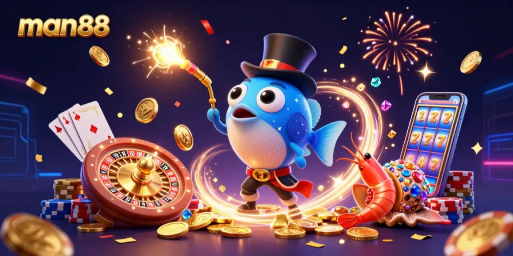 Join the excitement at man88 while a glowing anglerfish attracts golden coins amid casino elements.