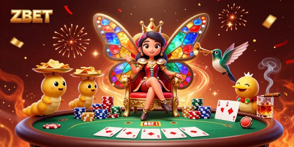 ZBET showcases a vibrant casino scene with a butterfly queen, poker elements, and celebratory confetti.