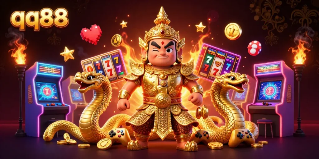 Engage with qq88's exciting slot games featuring vibrant characters and golden elements for thrilling wins.