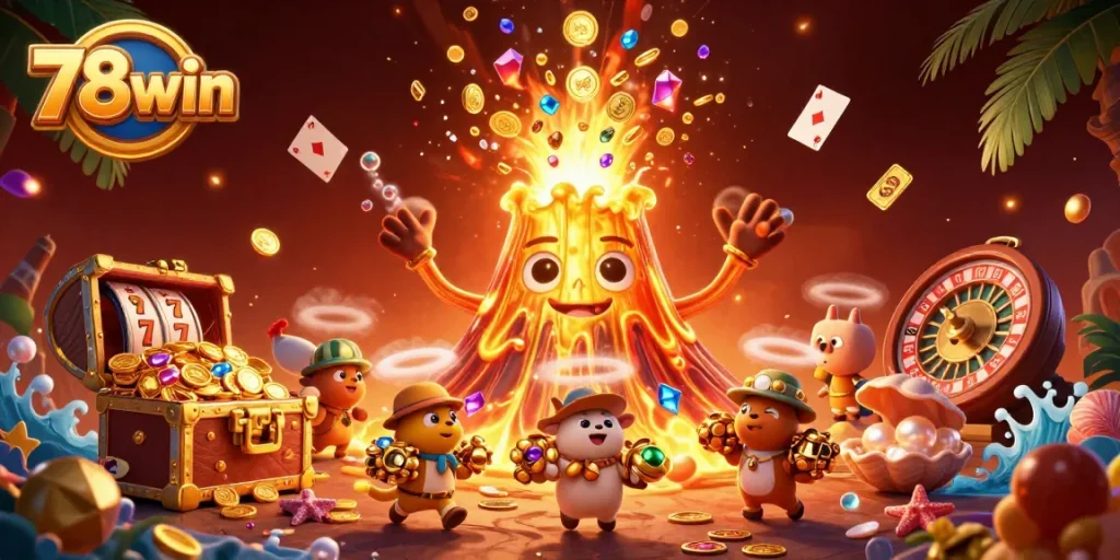 Experience thrilling wins at 78win with exciting coins erupting from a golden volcano, creating a jackpot atmosphere.