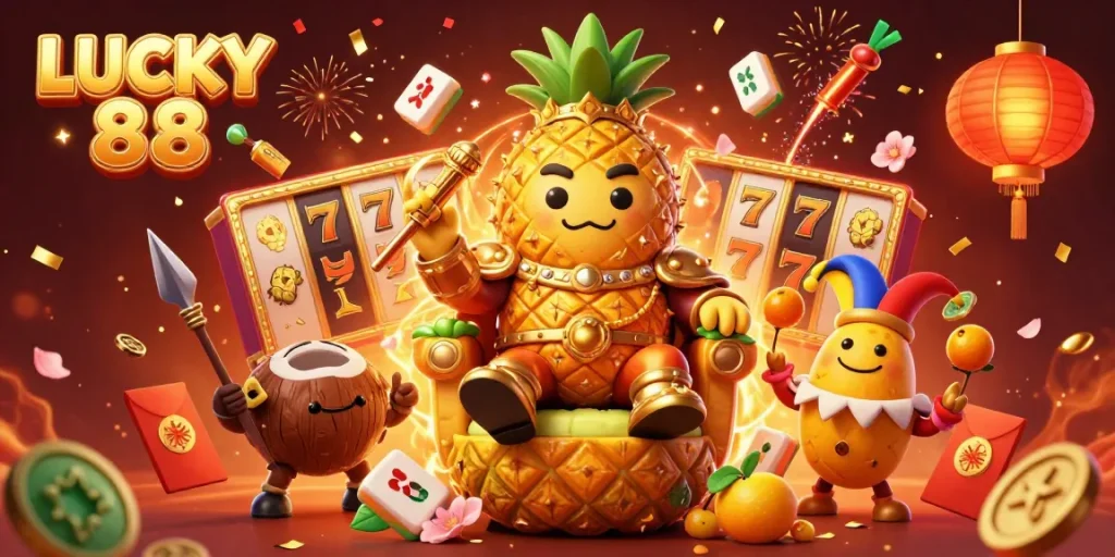 Spin the reels at LUCKY 88 with vibrant casino characters celebrating jackpot wins.