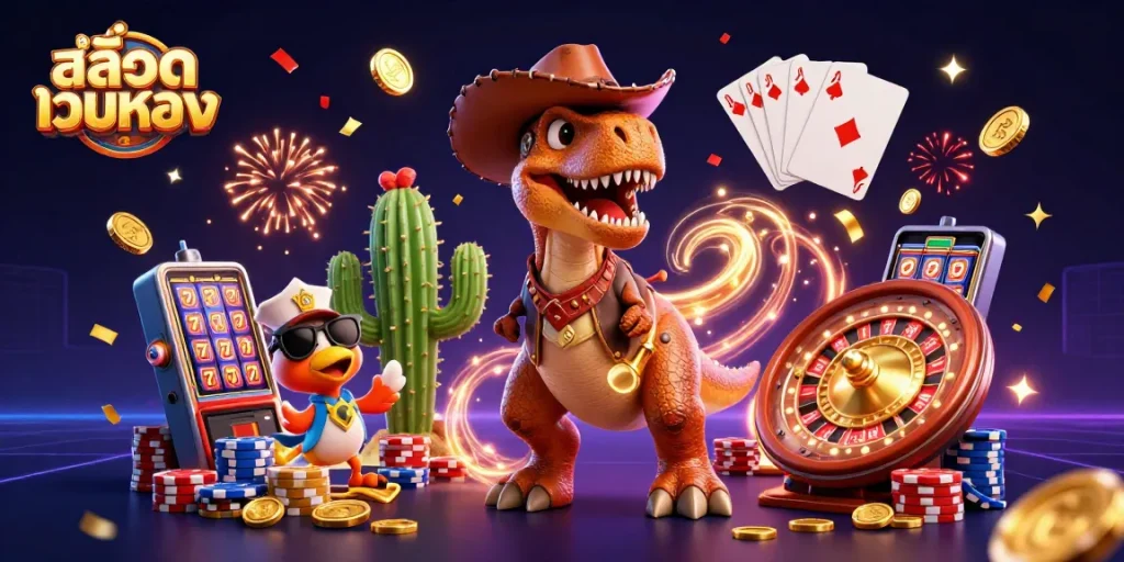 Engage with สล็อตเว็บตรง in a vibrant casino scene featuring a T-Rex, cactus, and roadrunner.