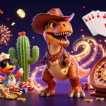 Engage with สล็อตเว็บตรง in a vibrant casino scene featuring a T-Rex, cactus, and roadrunner.