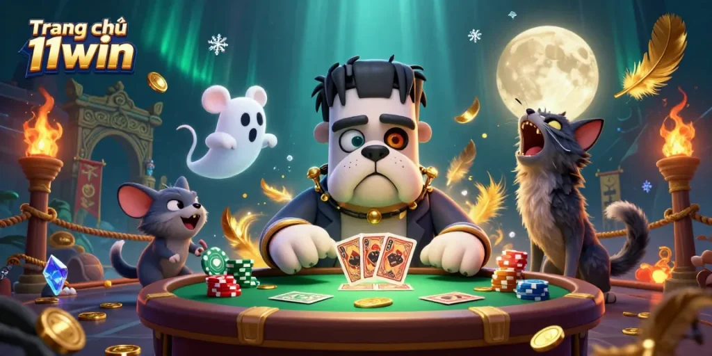 Engaging scene featuring Trang chủ 11win's unique Frankenstein bulldog monster dealing cards amidst a vivid casino atmosphere