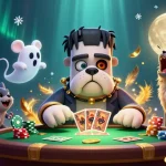 Engaging scene featuring Trang chá»§ 11win's unique Frankenstein bulldog monster dealing cards amidst a vivid casino atmosphere