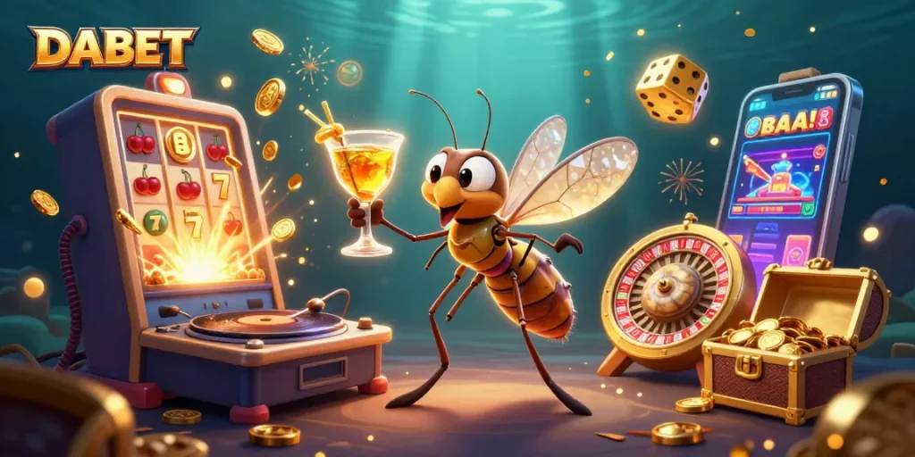 DABET showcases a lively casino scene with a mosquito mascot, trilobite DJ, and a golden roulette wheel spinning.