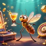 DABET showcases a lively casino scene with a mosquito mascot, trilobite DJ, and a golden roulette wheel spinning.