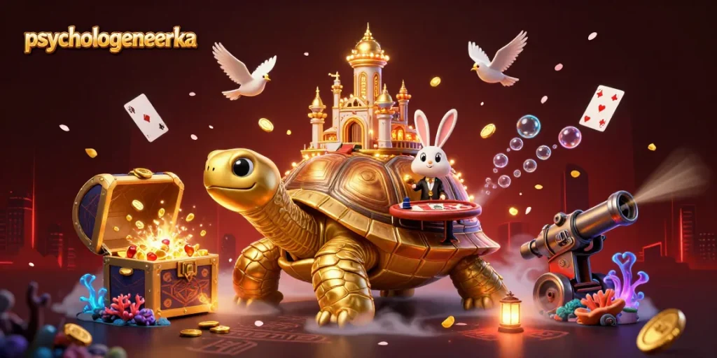 Experience thrilling gaming at psychologeneureka with a vibrant 3D casino scene filled with golden rewards.