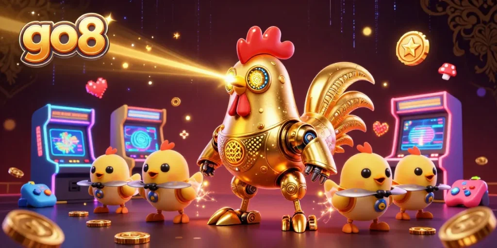 Experience thrilling gaming adventures with go8's vibrant 3D animation featuring a golden rooster robot and baby chick drones.