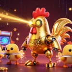 Experience thrilling gaming adventures with go8's vibrant 3D animation featuring a golden rooster robot and baby chick drones.