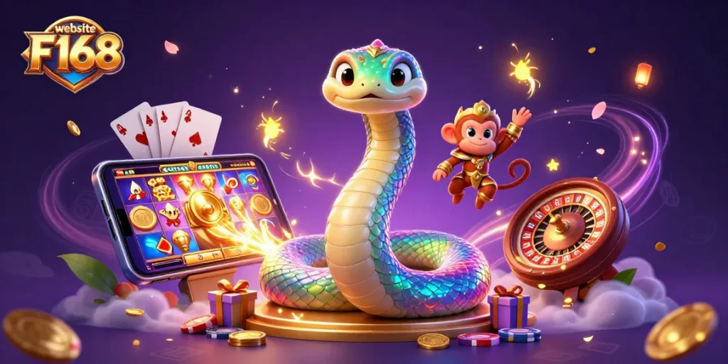Experience exciting gaming thrills at website F168 with vibrant slot games and animated casino elements.