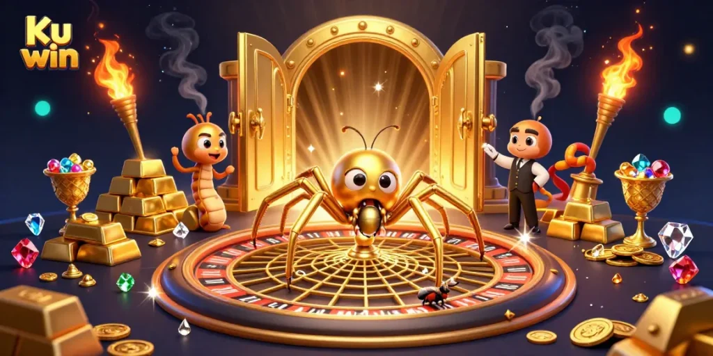 Spin and win with Ku win’s massive golden roulette wheel in this vibrant 3D illustration.