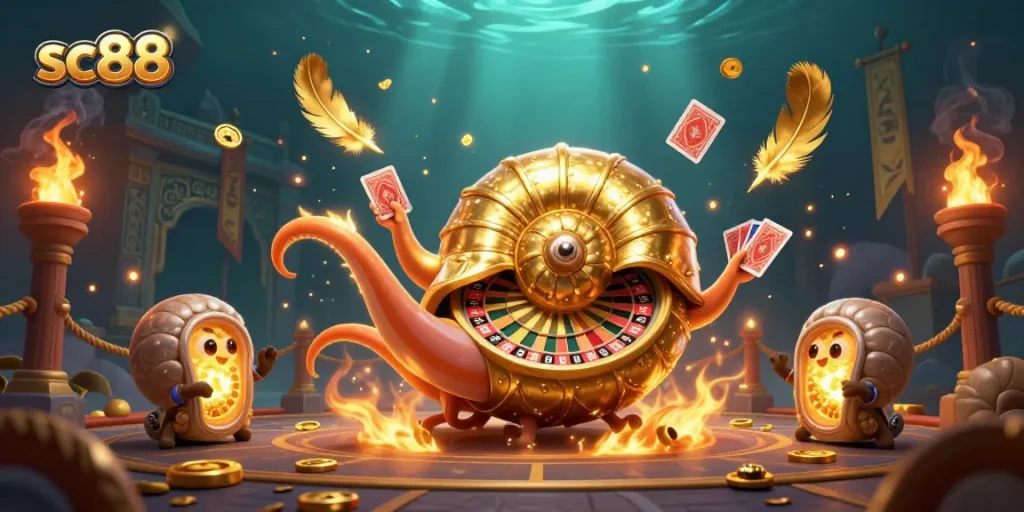 Engage with sc88's thrilling casino scene featuring a nautilus roulette wheel and golden elements.