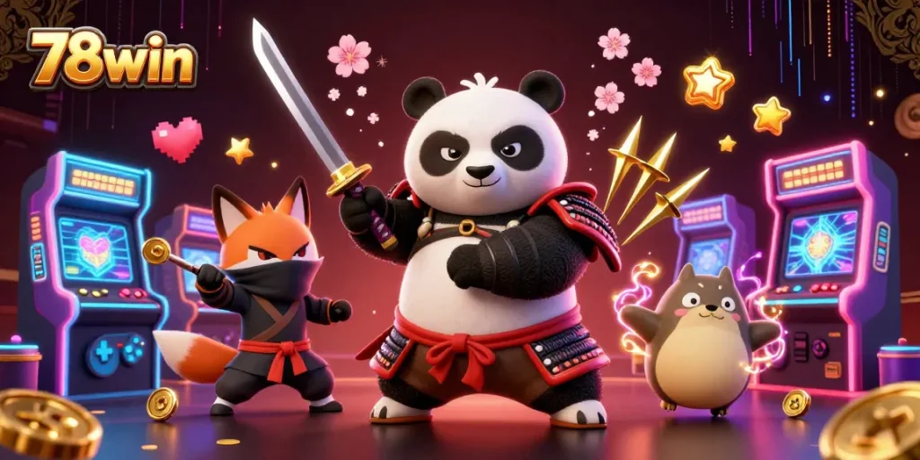 Engage in winning adventures with 78win's dynamic online casino games featuring vibrant characters and arcade elements.