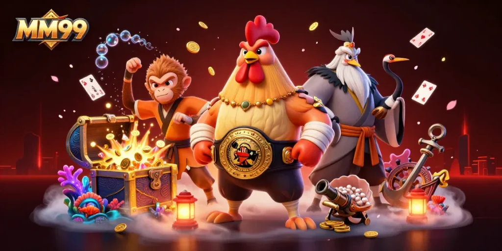 Experience the thrill of MM99 with lively characters and vibrant casino game elements.