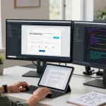 Build internal tools with AI in a modern workspace, featuring developer at desk, code on screens, and productivity elements.