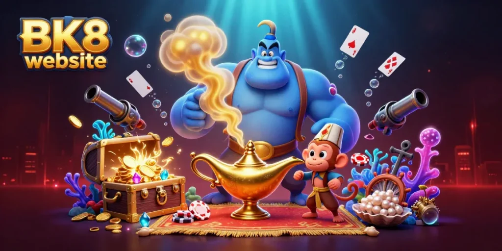Engage in thrilling gaming action at BK8 website, featuring dynamic casino elements and vibrant characters.