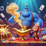 Engage in thrilling gaming action at BK8 website, featuring dynamic casino elements and vibrant characters.