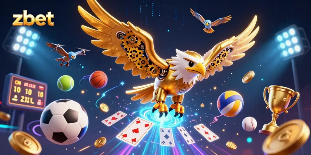 Experience zbet's thrilling gaming action with a cybernetic eagle diving through vibrant holographic cards.