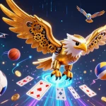 Experience zbet's thrilling gaming action with a cybernetic eagle diving through vibrant holographic cards.