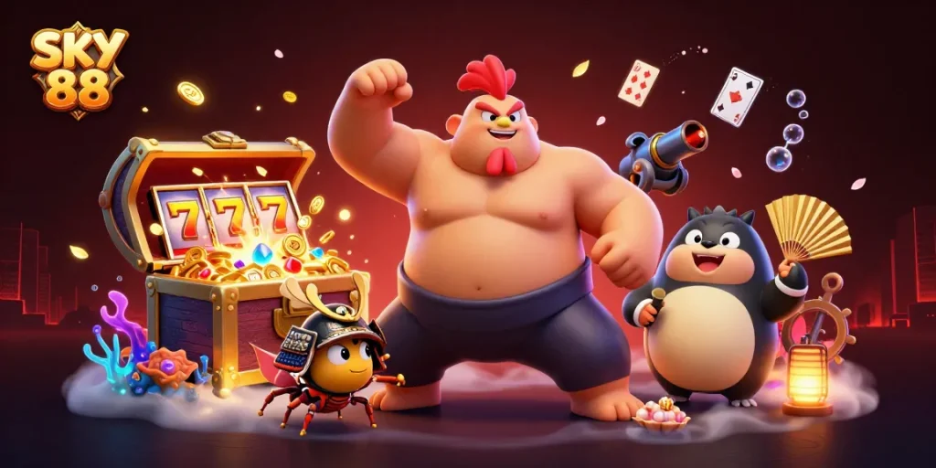 Experience the adventure of SKY 88 with captivating casino elements and vibrant characters.