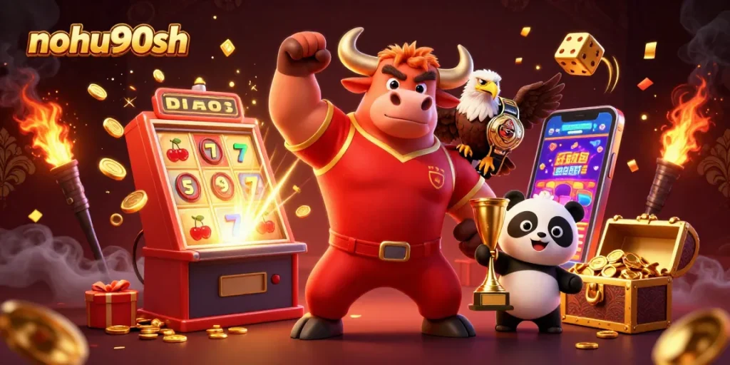 Win big with nohu90sh in this dynamic casino celebration scene featuring a muscular bull mascot and friends.