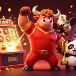 Win big with nohu90sh in this dynamic casino celebration scene featuring a muscular bull mascot and friends.
