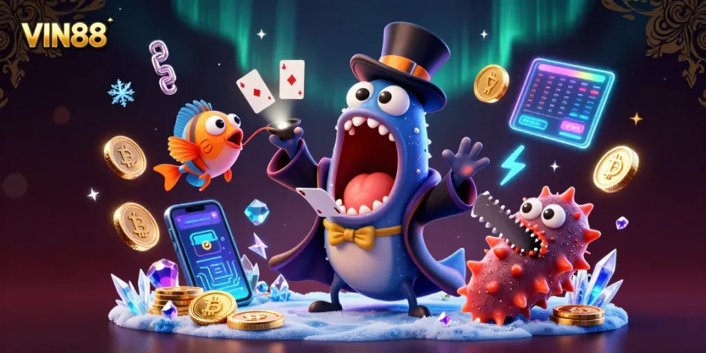 Engage with thrilling VIN88 casino magic featuring dazzling characters and cryptocurrency elements.