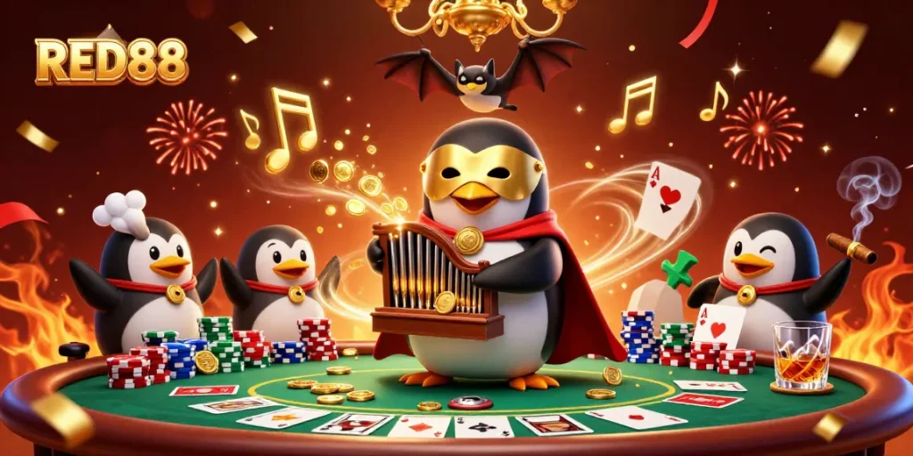Engage in vibrant excitement at RED88 with a lively casino scene showcasing a cartoon penguin and acrobat.