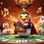 Engage in vibrant excitement at RED88 with a lively casino scene showcasing a cartoon penguin and acrobat.