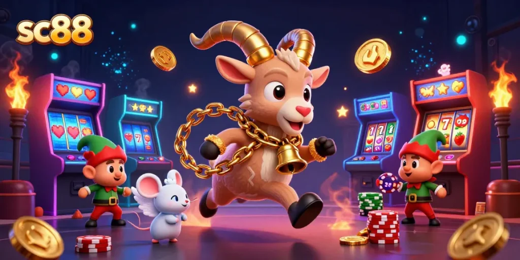 Engage in thrilling gameplay at sc88 with a lively holiday-horror casino scene featuring a festive Krampus.