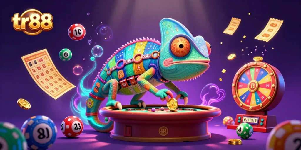 Experience tr88 with dynamic lottery elements and a vibrant chameleon casino owner illustrated in 3D.