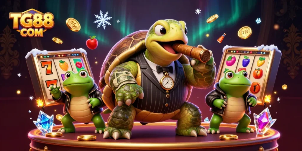 TG88 COM showcases a lively casino scene with a turtle in a suit and bullfrog enforcers, capturing the vibrant essence of gambling.