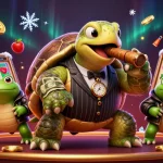 TG88 COM showcases a lively casino scene with a turtle in a suit and bullfrog enforcers, capturing the vibrant essence of gambling.